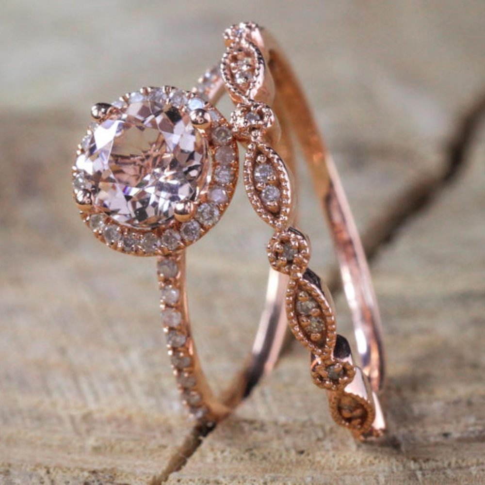 NEW 18K Rose Gold Pink&White Diamond 2P Ring Set - Picture 1 of 5
